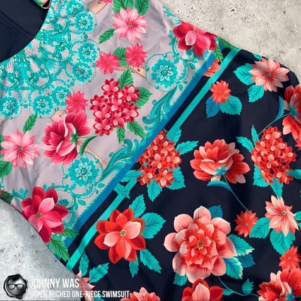 JOHNNY WAS JAPER RUCHED ONE PIECE SWIMSUIT IN FLORAL BLUE RED SMALL, LARGE NEW - Picture 12 of 16